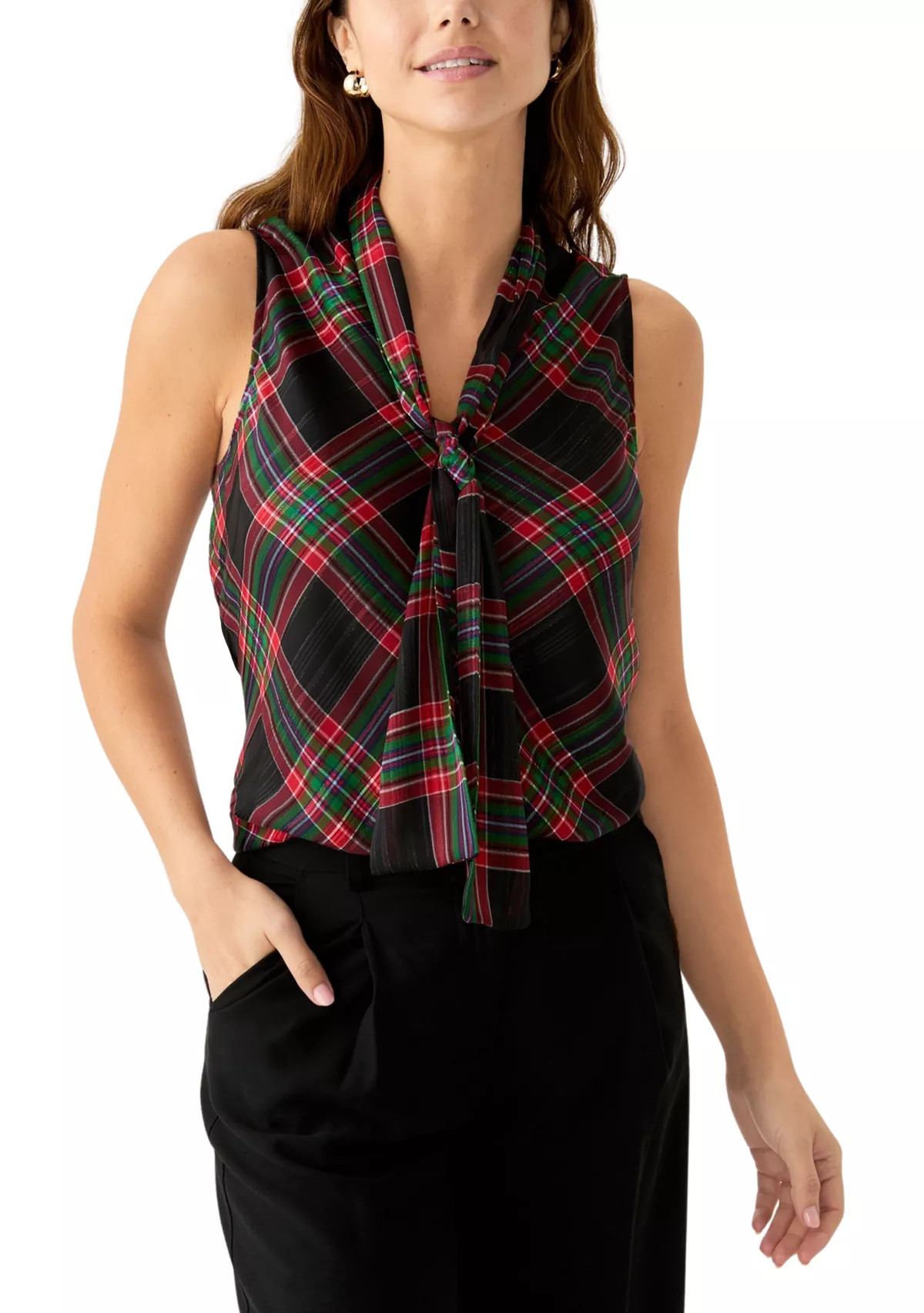 Women's Sleeveless Bow Neck Plaid Blouse | Belk