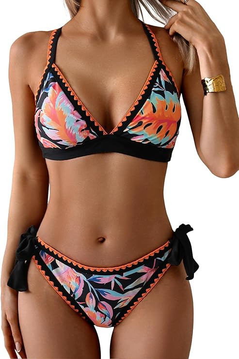 Aidonger Bikini Sets for Women Floral Two Piece Bathing Suit V Neck Shell Stitched Swimsuit Tie S... | Amazon (US)