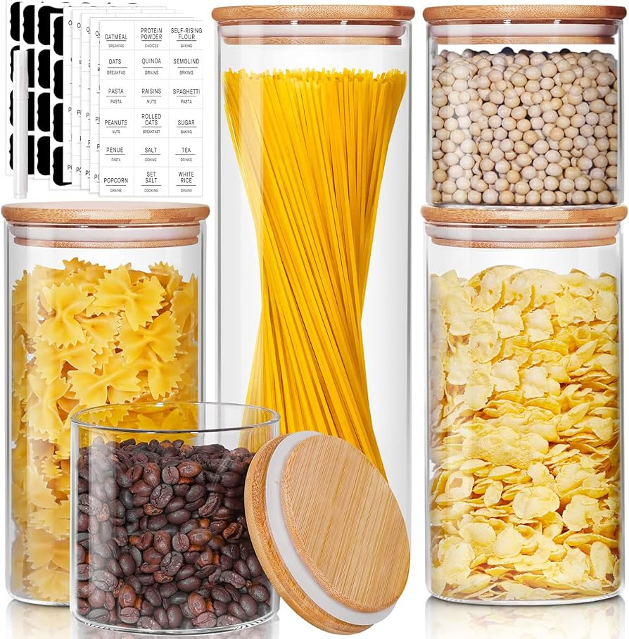 Glass Jars with Bamboo Lids [Muti Size Set of 5], Glass Canisters with Airtight Lids, Glass Food ... | Amazon (US)