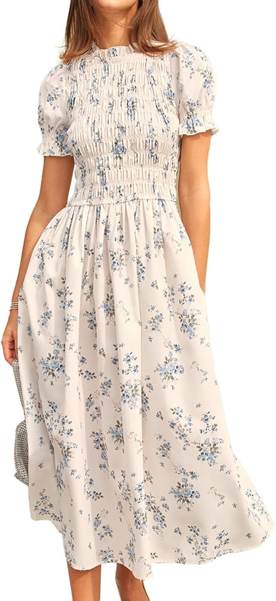 Women Shirred A-Line Midi Dress Summer Dresses Puff Short Sleeve Smocked Flowy Ruffle Boho Beach ... | Amazon (US)