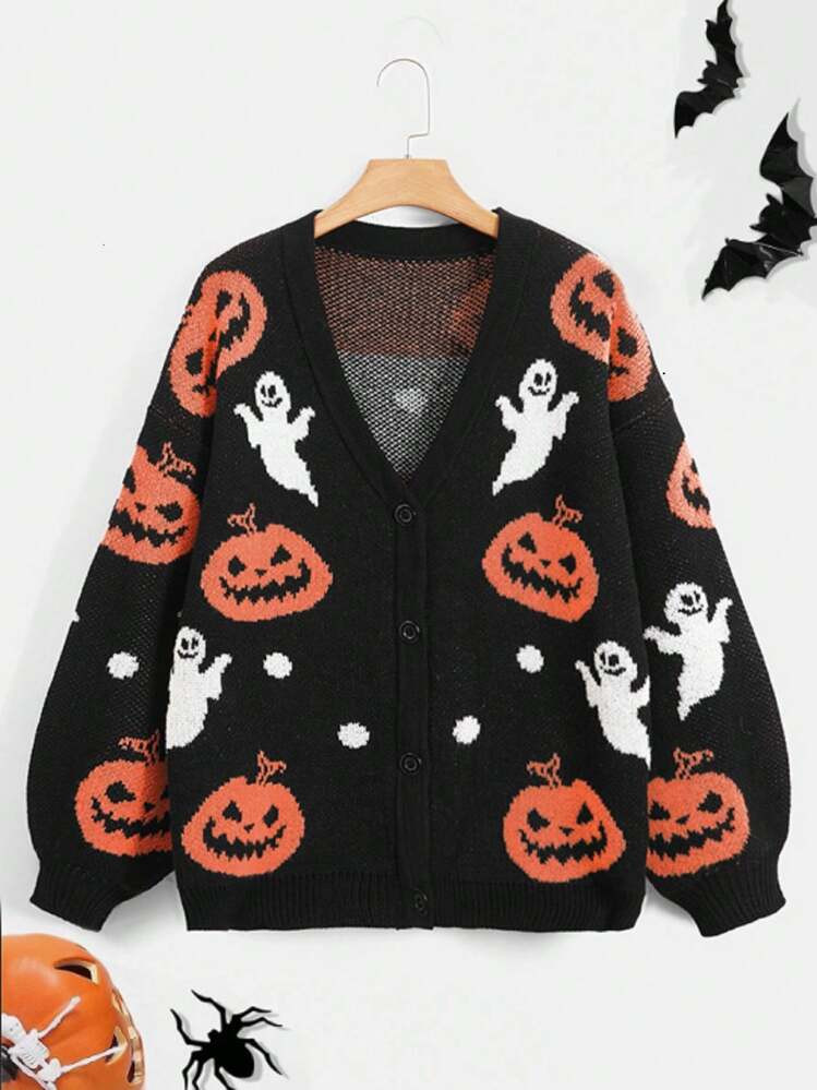 Flirla Plus Halloween Pattern Drop Shoulder Cardigan Fall Winter Cloth For Women | SHEIN
