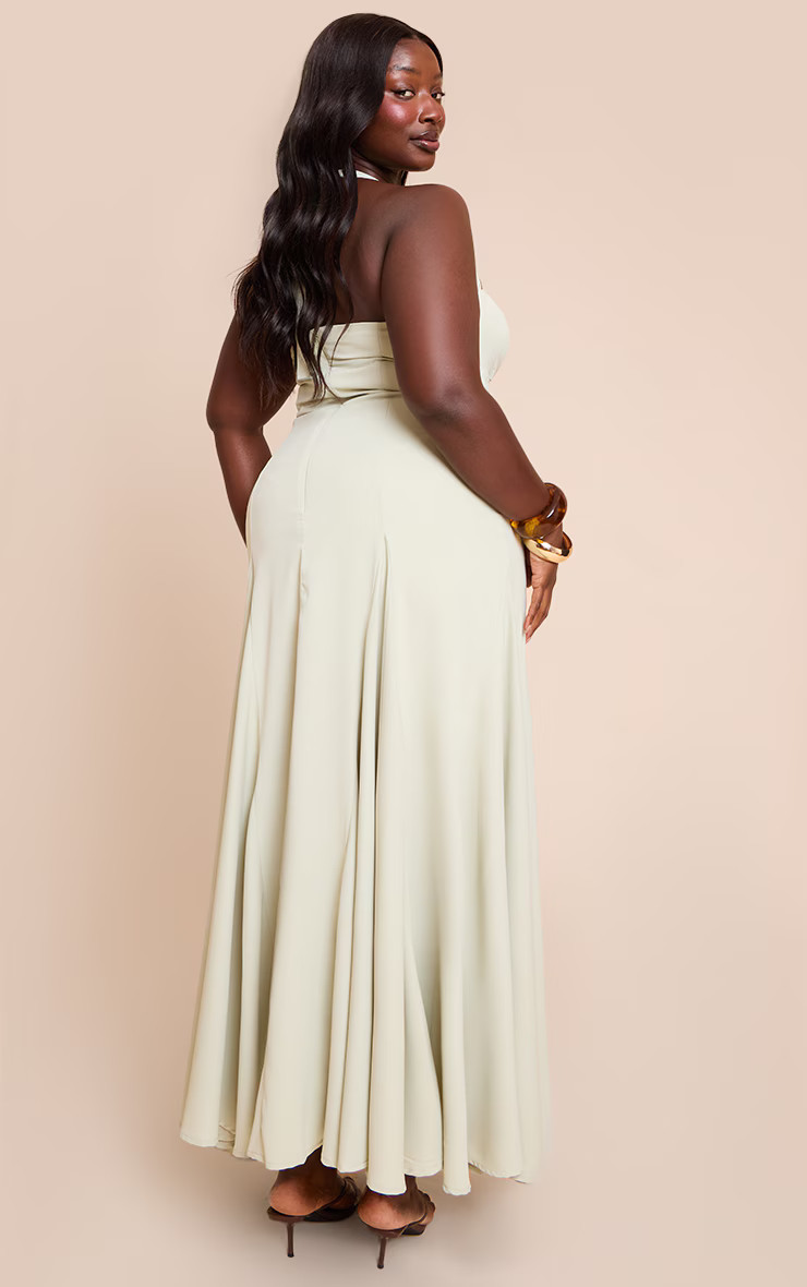 Plus Sage Woven Halterneck Ruched Bust Detail Maxi Dress | PrettyLittleThing US