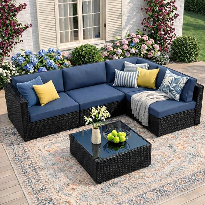 Patio Furniture Sets, 5-Piece Outdoor Patio Furniture with Thick Cushions, Wicker Outdoor Convers... | Amazon (US)