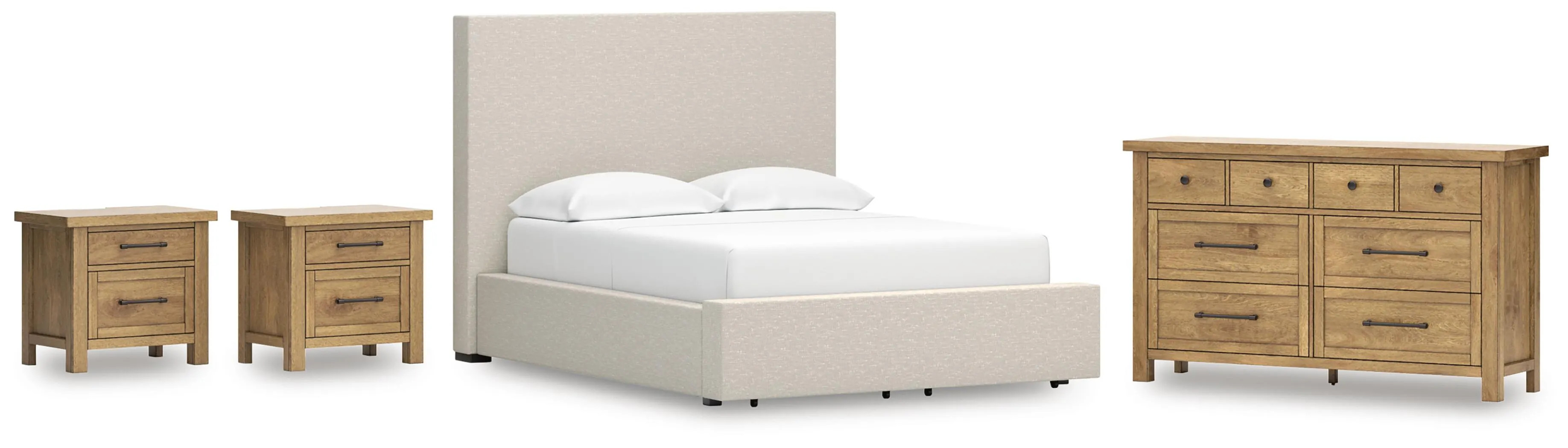 Kristiland Queen Upholstered Storage Bed with Dresser and 2 Nightstands, Light Brown | Ashley