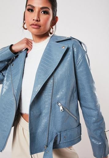 Blue Croc Faux Leather Biker Jacket | Missguided (US & CA)