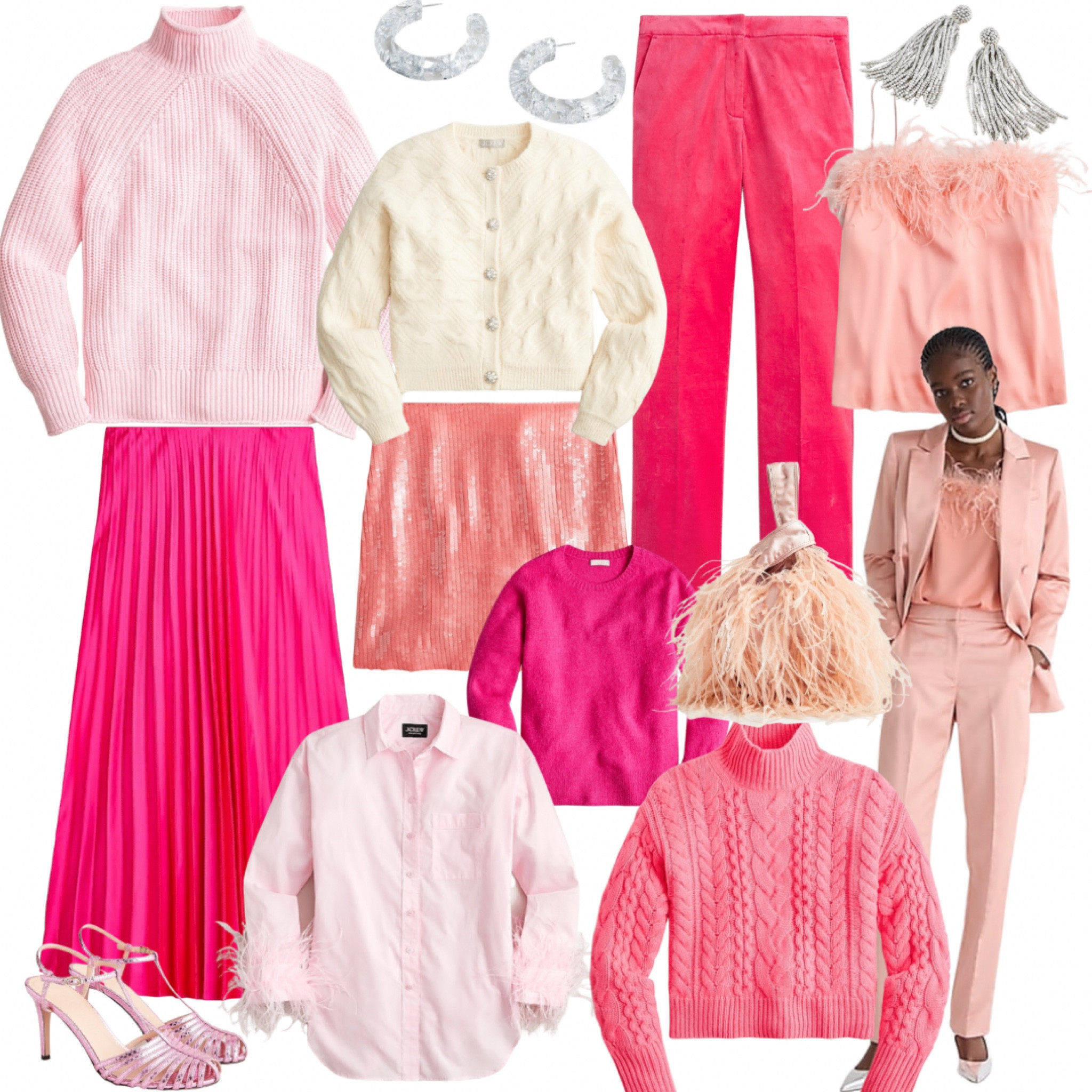 j.crew sale. holiday outfit. christmas party. christmas outfit. pink sweater. pink purse. party outfit. pink maxi skirt. pink feathered top. pink heels. 

#LTKSeasonal #LTKHoliday #LTKGiftGuide