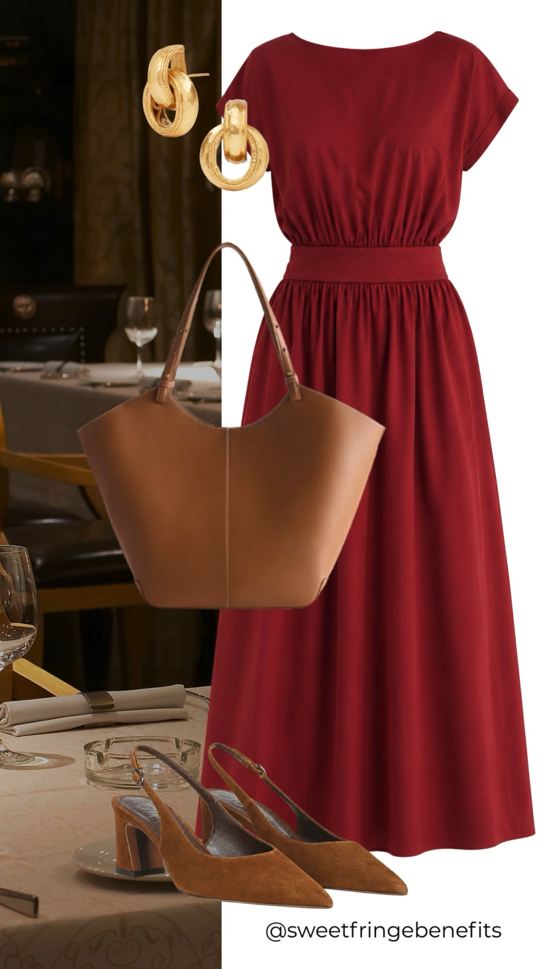 This burgundy midi dress is an effortless choice for dinner, holiday gatherings, or any occasion that calls for a little polish. The defined waist and full skirt are flattering, while cognac accessories add a warm, timeless touch.

💡 LTK MADE EASY
❤️ Heart = Support my posts!
🔖 Save = Get sale & restock alerts
📋 Lists = Keep favorites organized
📲 Share = Send lists and products to a friend. Hello, Christmas List!
💬 Comment = Ask me anything about what I'm wearing.:-)

#LTKootd #LTKWedding #LTKOver40