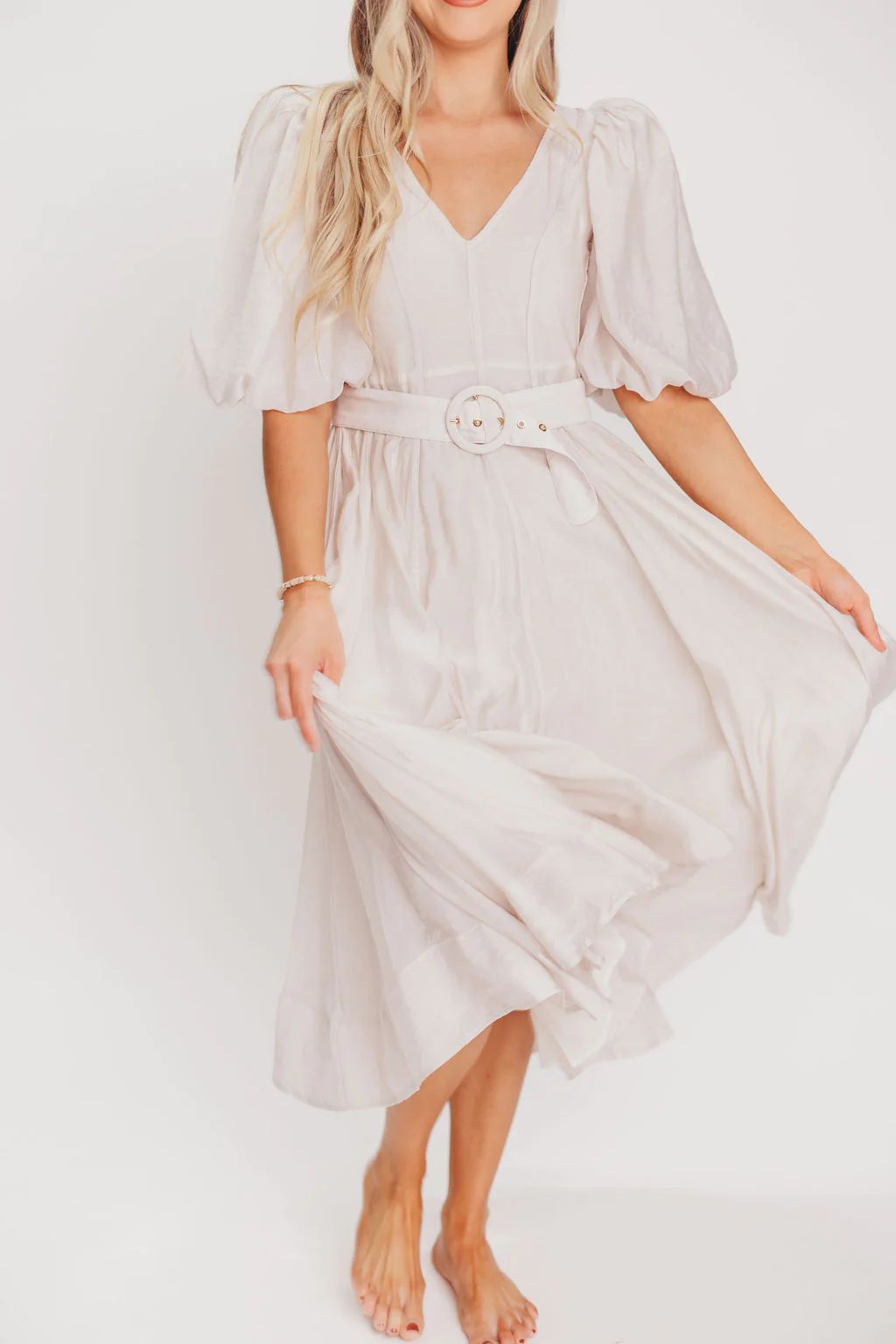 Courtney Puffed Sleeve Midi Dress with Belt in Natural | Worth Collective