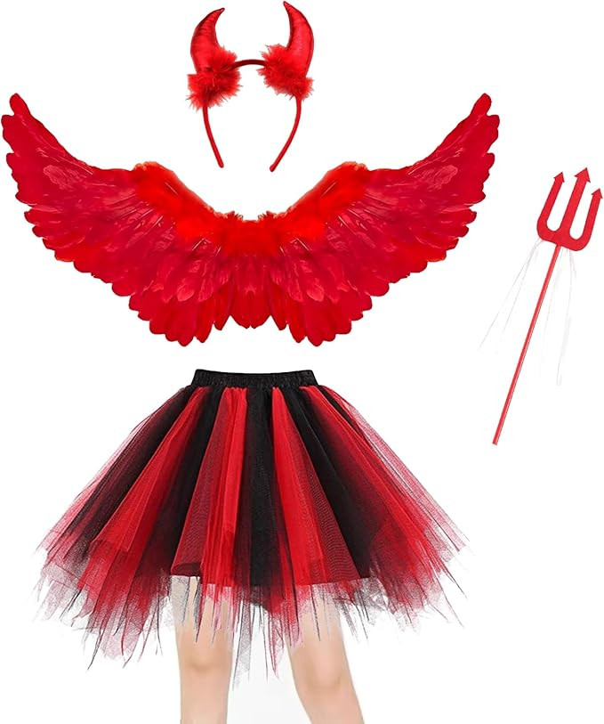 Winwild 4 Stück Engel Kostüm Damen Set 80CM Engelsflügel Rot Erwachsenes Engel Teufel Feen Kos... | Amazon (DE)