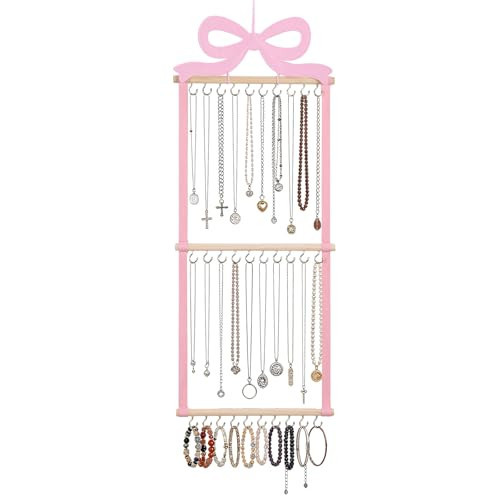 Sliner Pink Bow Hanging Jewelry Organizer Coquette Necklace Holder Wall Mounted with 30 Hooks Jewelry Hanger over Door Necklace Rack for Earrings Bracelets Headband Rings Women Bedroom Decor | Amazon (US)