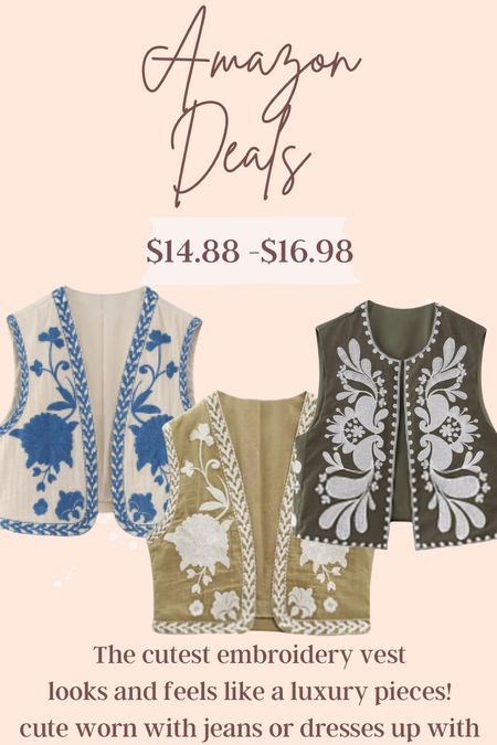 Amazon deals

This is the cutest embroidered vest $14.88-16.98 
Darling with denim, linen 
Cute to dress down or dress up and super cute for festivals and concerts!

Really cute with linen for vacation

The quality looks like anthro and yet so affordable🤍

Grab them while their in stock

#LTKFestival #LTKfindsunder50 #LTKsalealert