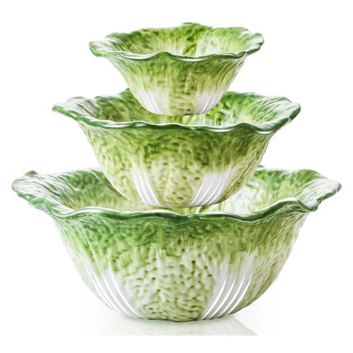 KXZ Green Cabbage Serving Bowl Set of 3 for Kitchen - Extra Large 60oz, 16oz, 5oz Nesting Mixing Bowls, Porcelain Dishes for Salad, Entertaining, Fruit, Vintage, Decorative, Ceramic Pho Soup Tureen | Amazon (US)