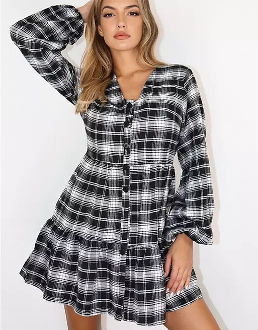 Missguided button through smock dress in black check | ASOS (Global)