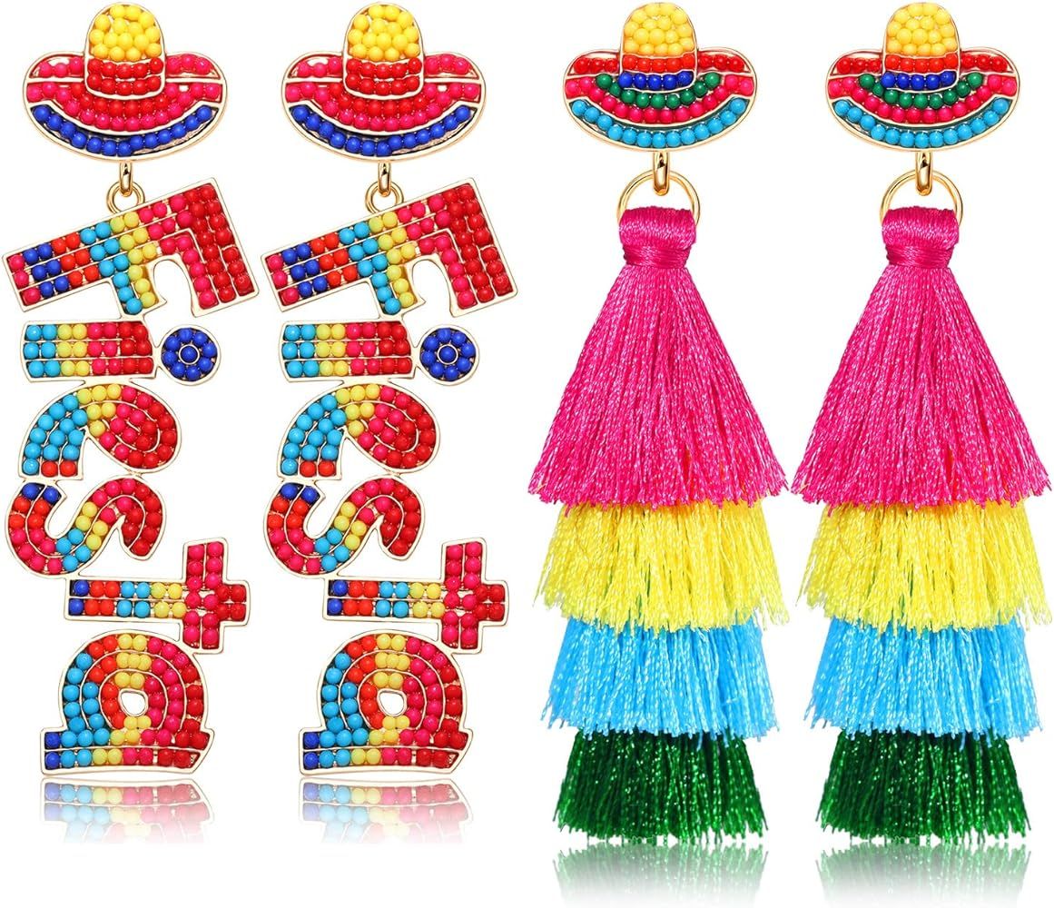 2 Pairs Mexican Earrings Cinco De Mayo Earrings for Women, Beaded Fiesta Earrings Piñata Sombrer... | Amazon (US)