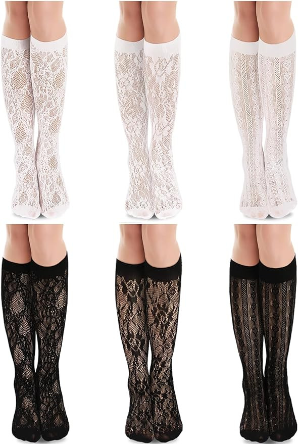 6 Pairs Women's Lace Socks Lace Knee High Socks Black White Fishnet Mesh Lace Hollow out Women St... | Amazon (US)