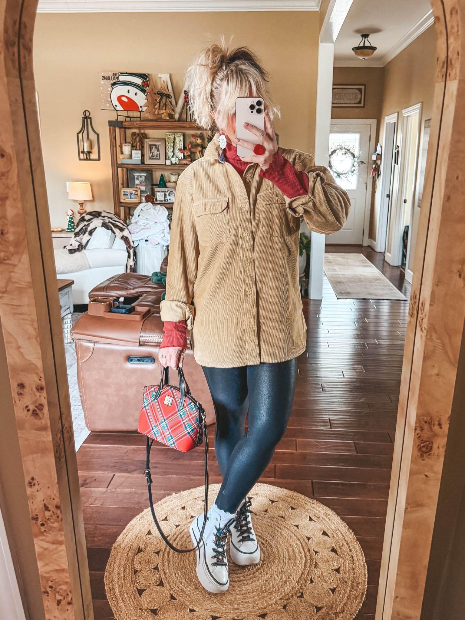 This was fun to recreate from one of my outfits in 98. 
I’m in a large in the corduroy button up. The turtleneck is a size medium and so is the leggings  
My earrings are from a boutique and I can’t link them here  

#LTKOver40 #LTKootd #LTKHoliday