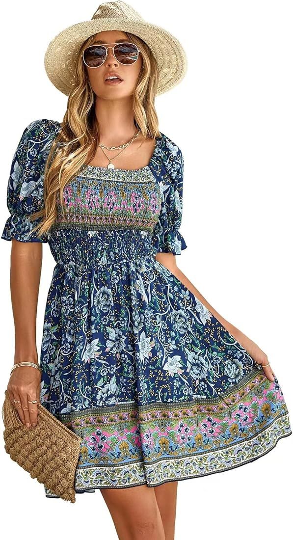 LetHeGo Summer Boho Dresses for Women Floral Print Bohemian Dress with Lantern Sleeve | Amazon (US)