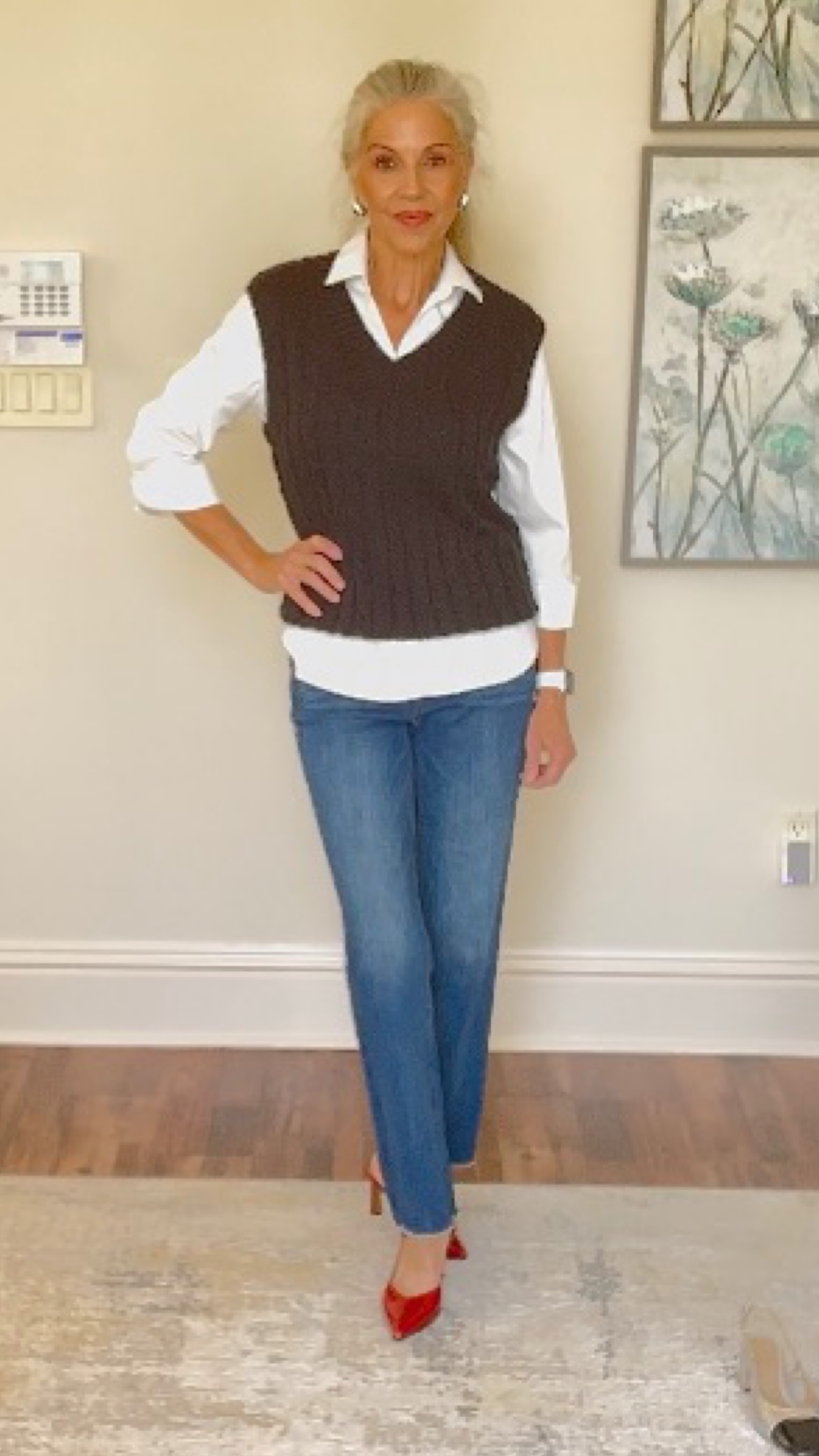 Fridays are casual dress day at the office… keep it smart casual with this soft cable knit v neck vest paired perfectly over this white no iron 3/4 length sleeve and a pair of High Rise straight leg jeans… oh… and don’t forget a sassy red pair of sling backs!! 

#LTKworkwear #LTKstyletip #LTKover40