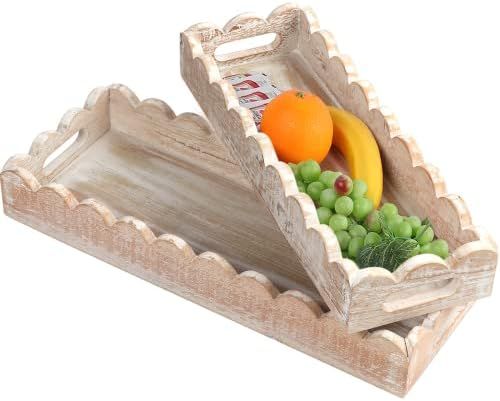Wooden Serving Trays - Set of 2 Rectangular Decorative Tray with Handle, Long Narrow Tray for Per... | Amazon (US)
