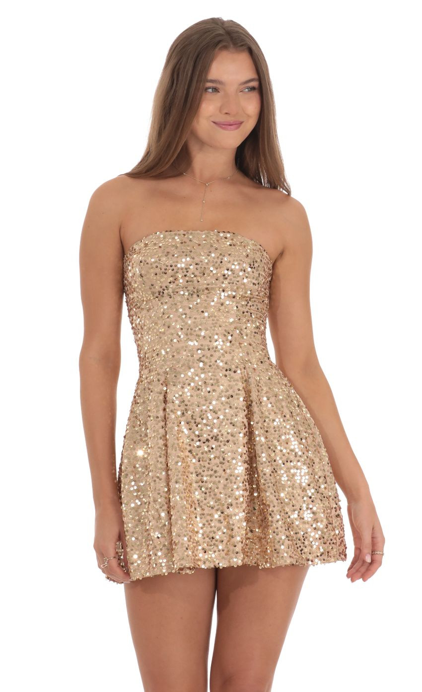 Sequin Strapless Fit and Flare Dress in Gold | Lucy in the Sky