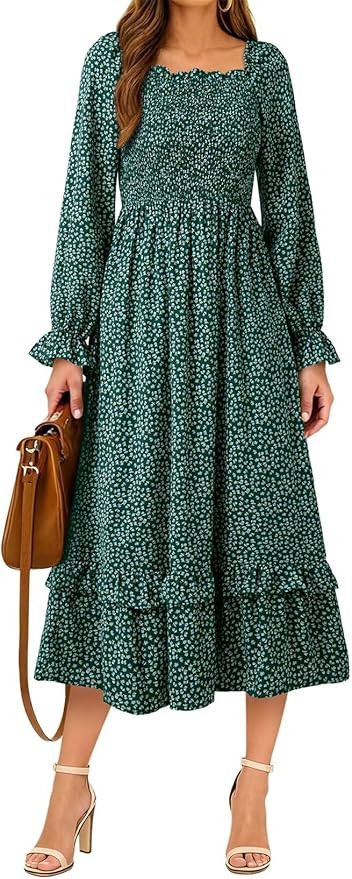 Dokotoo Boho Dresses for Women 2025 Casual Floral Square Neck Long Sleeve Smocked Elastic Waist T... | Amazon (US)