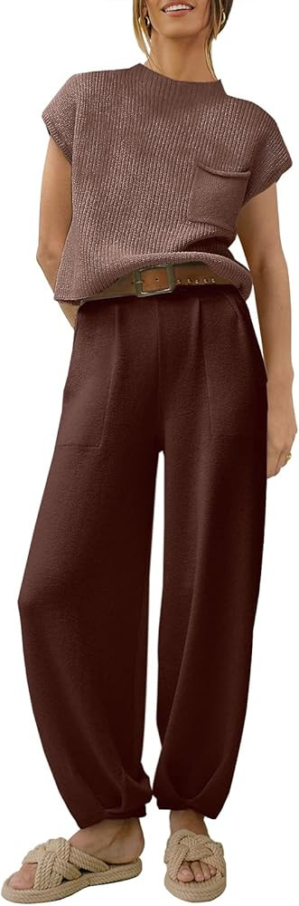 ANRABESS Women's Two Piece Outfits Sweater Sets Knit Pullover Tops and High Waisted Pants Tracksu... | Amazon (US)