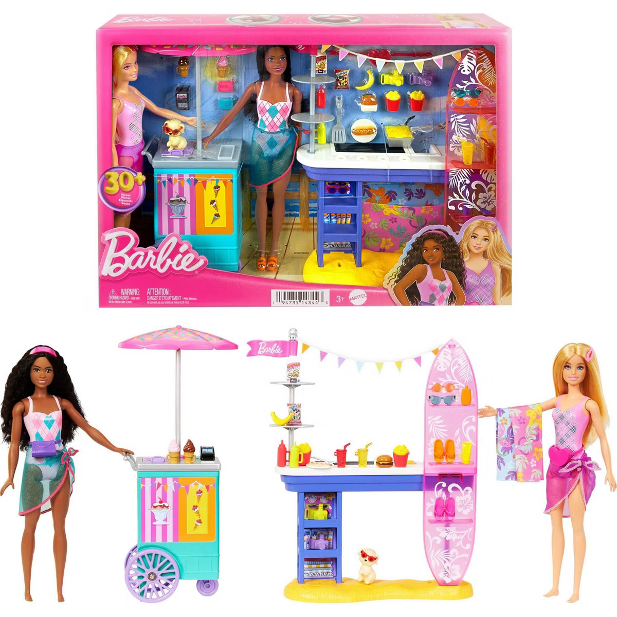 Barbie Beach Boardwalk Playset with Barbie Brooklyn & Malibu Dolls, 2 Stands & 30+ Accessories | Target