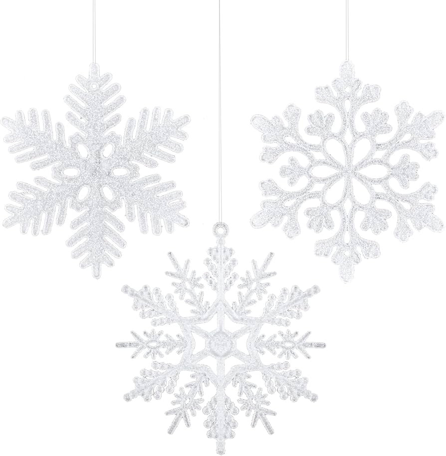 36 Pcs White Glitter Christmas Snowflake Ornaments, 4 Inch Plastic Snow Flakes Hanging Xmas Tree ... | Amazon (US)
