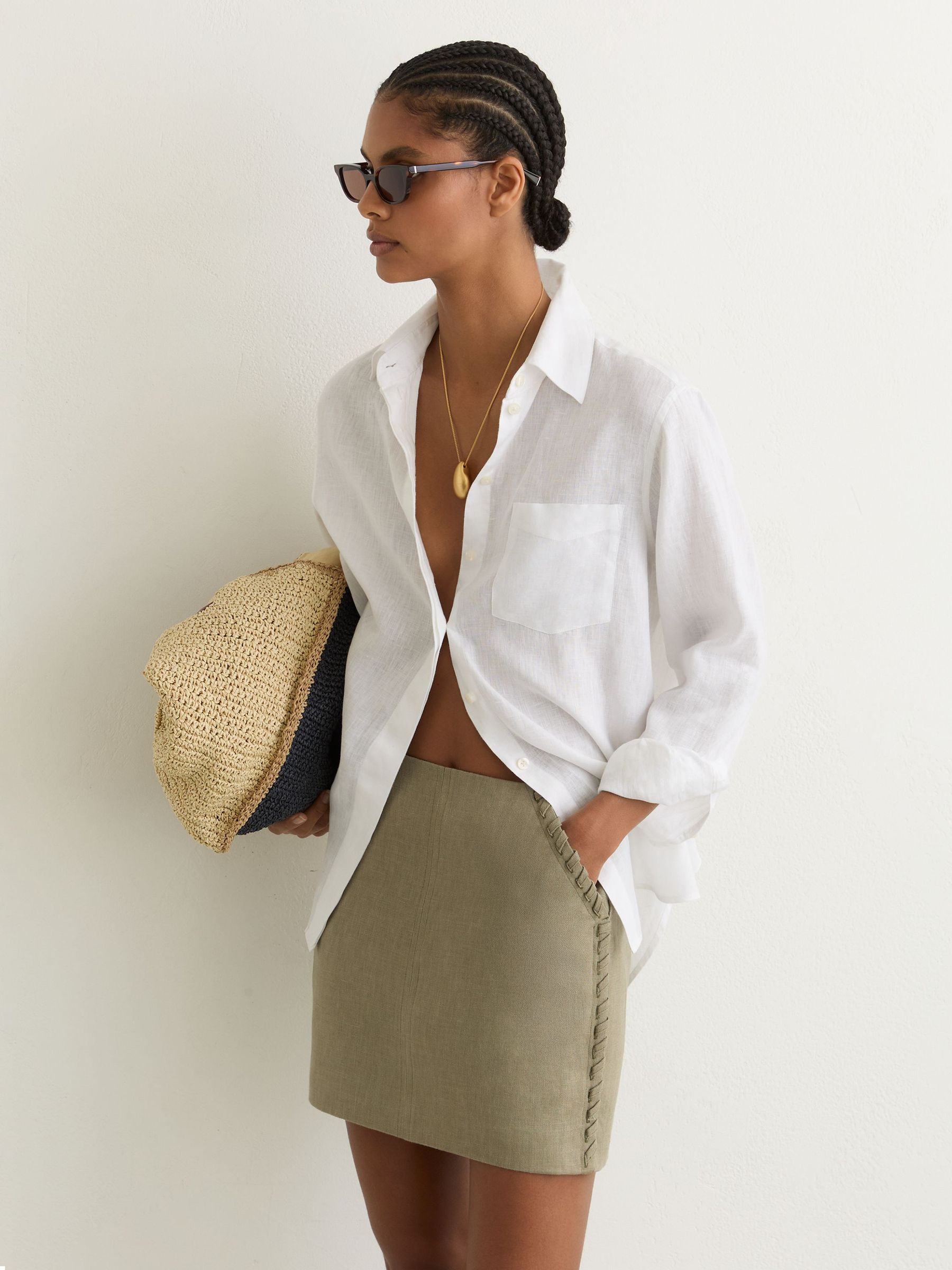 Linen Whipstitch Mini Skirt in Khaki Green | Reiss US