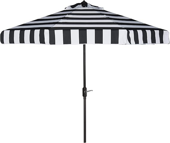 SAFAVIEH 9ft Outdoor Patio Umbrella, Round, Else Collection, Black & White Stripe, Auto Crank Til... | Amazon (US)