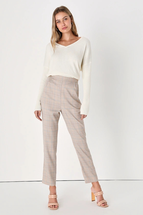 Mind My Business Beige Plaid Straight Leg Trouser Pants | Lulus (US)