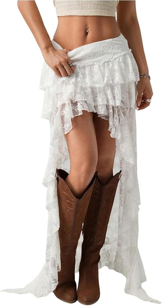 Women's Lace Boho Maxi Skirt Ruffle Asymmetrical Cowgirl Skirt | Amazon (US)