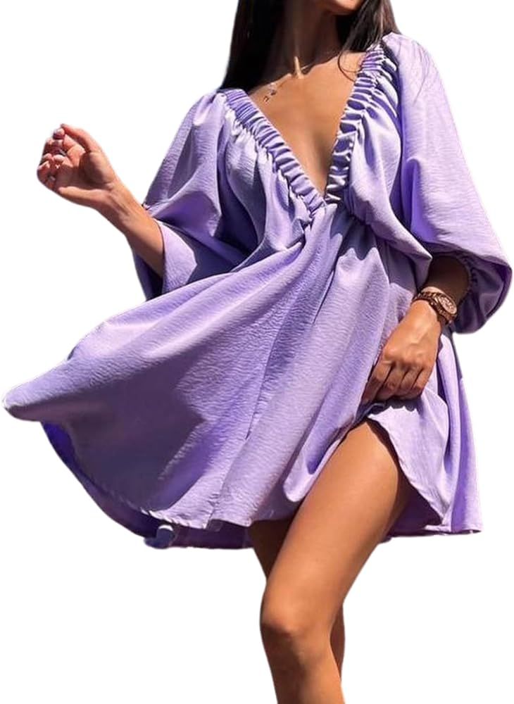 Esmeling Women’s Flattering Deep V Neck Dress Puff Long Sleeve Elastic High Waist Swing Beach S... | Amazon (US)