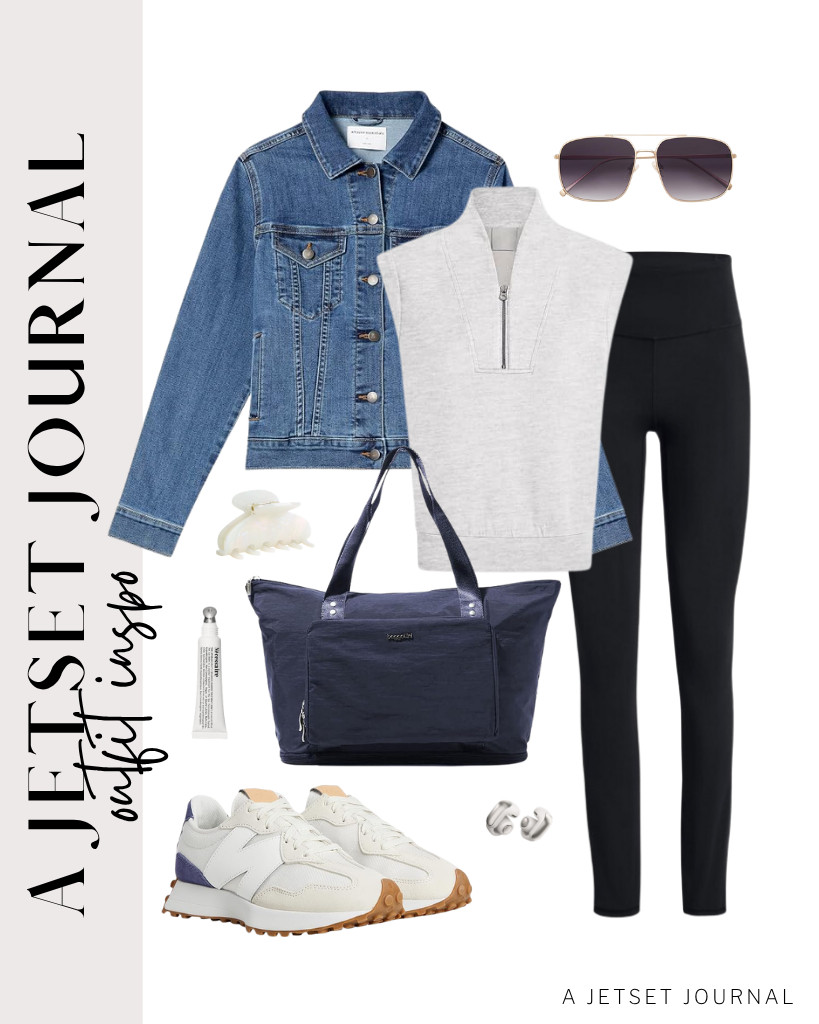 Start your first outfit with a cap-sleeve sweatshirt paired with buttery-soft leggings. Layer it with an Amazon Essentials denim jacket and wear these comfy New Balance sneakers. For this fit, you can use this Baggalini travel tote and complete the look with a MAORULU claw clip and Nécessaire lip balm. 

 #LTKSeasonal #LTKSaleAlert #LTKTravel