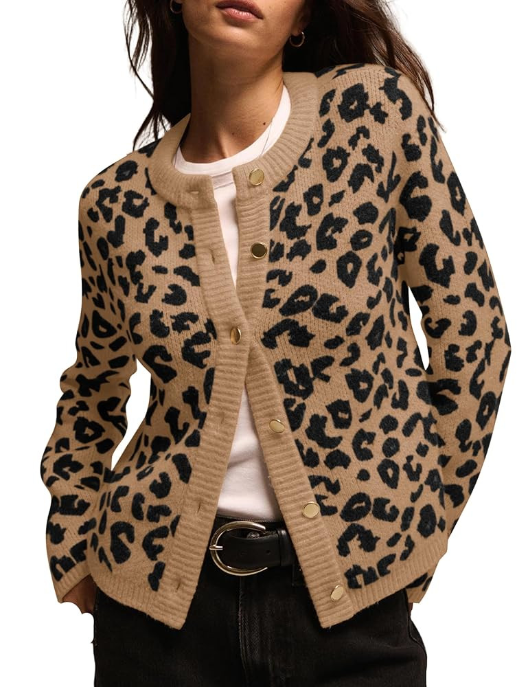 Leopard Print Cardigans for Women Cheetah Open Front Sweaters Button Down Knit Fall Clothes Long ... | Amazon (US)