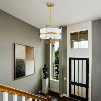 Modern Drum Pendant Light Fixture With Adjustable Height, 3-Light Chandelier With White Linen Fabric Shade For Dining Room, Kitchen Island, Living Roo | Wayfair North America