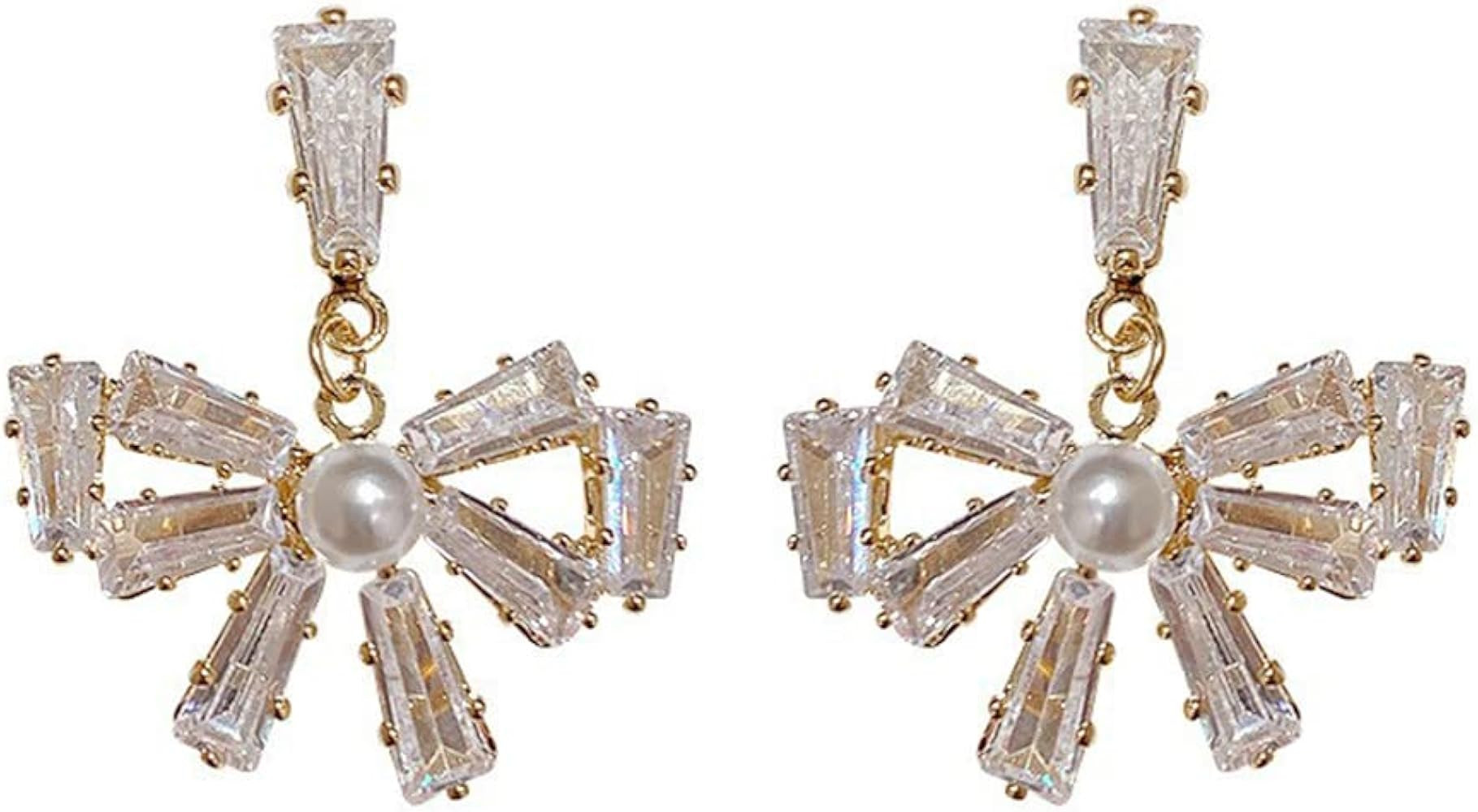Rhinestone Bow Knot Dangle Stud Earrings Sterling Silver Pins Dainty Cubic Zirconia Crystal Pearl Sw | Amazon (US)