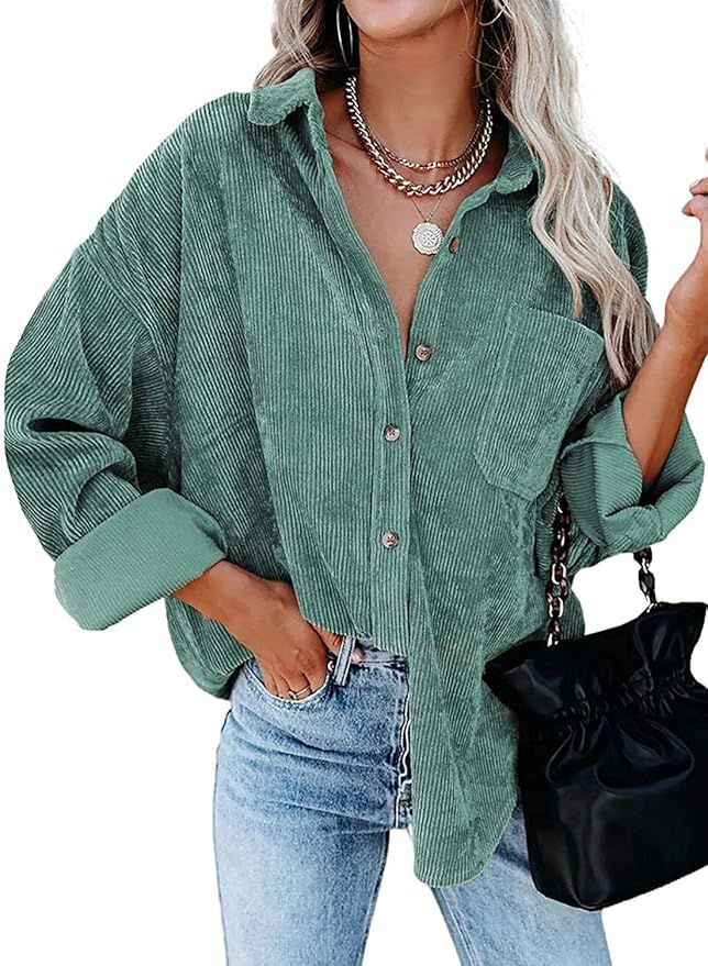 Womens Corduroy Button Down Shacket Casual Long Sleeve Shirt Jacket Oversized Blouses Tops | Amazon (US)