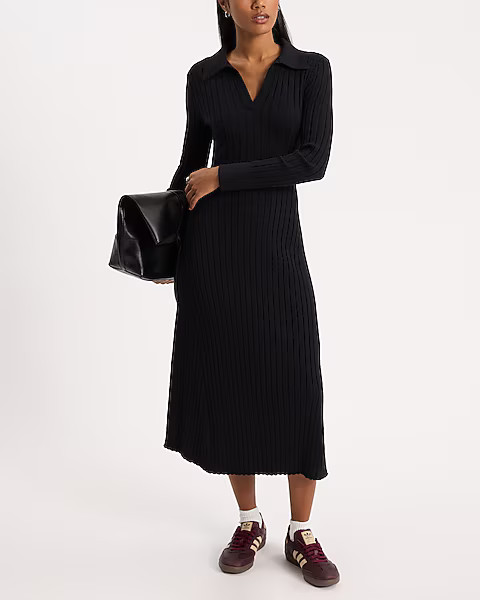 Ribbed Collared V-Neck Long Sleeve Midi Sweater Dress | Express