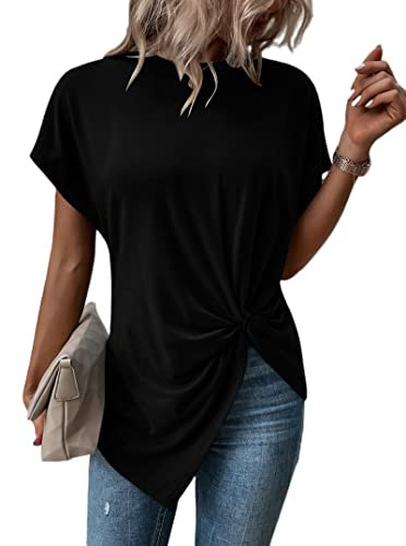 Remidoo Asymmetrical Tops for Women Twist Front Top Crewneck Knot Short Sleeve T Shirts | Amazon (US)