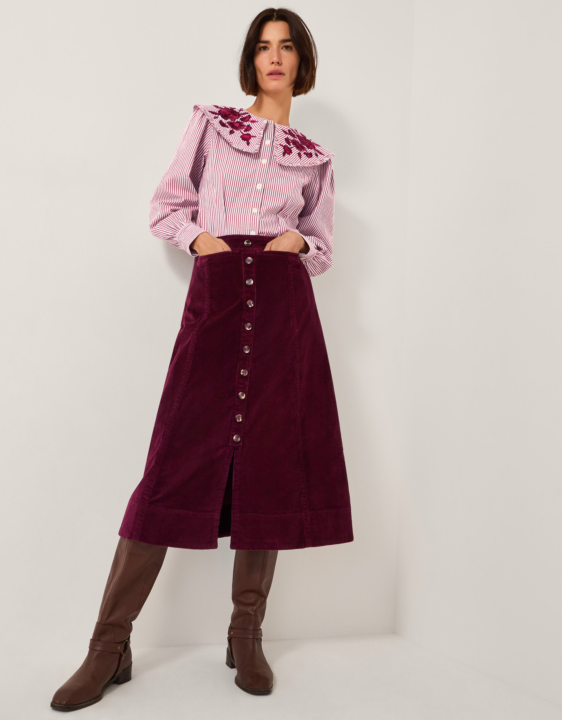 Jamie Button Corduroy Midi Skirt Red | Monsoon (UK)