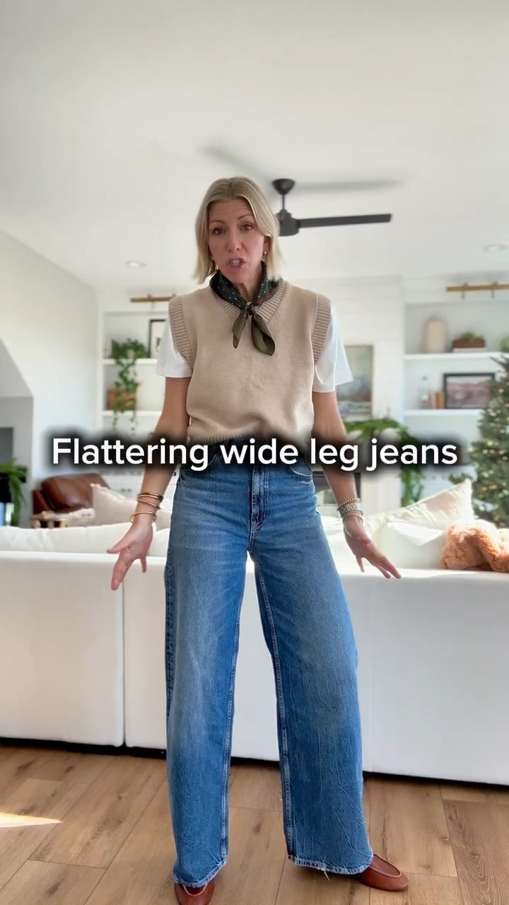 These wide leg jeans are back in stock! I styled them with a basic white tee and a sweater vest! 

#LTKOver40 #LTKShoeCrush #LTKStyleTip