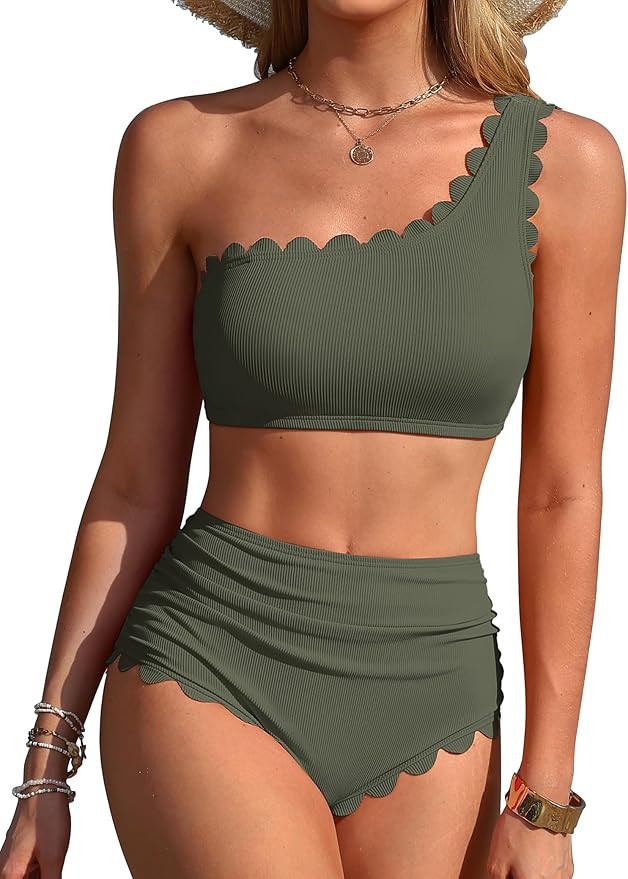 Charmo Womens One Shoulder Bikini Sets High Waisted Tummy Control Bathing Suits Ribbed Scalloped ... | Amazon (US)
