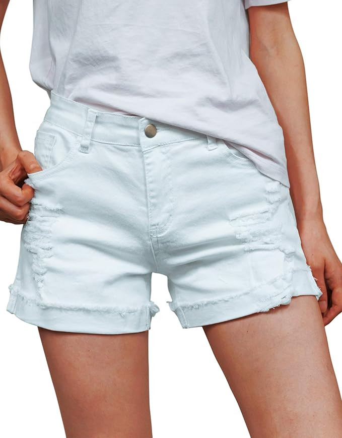 roswear Women’s Ripped Rolled Cuff Mid Rise Stretchy Denim Jeans Shorts | Amazon (US)
