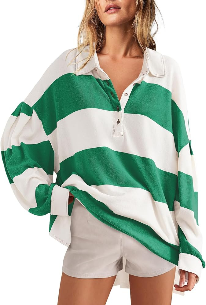 SENSERISE Womens Striped Shirt Oversized Long Sleeve Color Block Tops Casual V Neck Polo Shirts P... | Amazon (US)