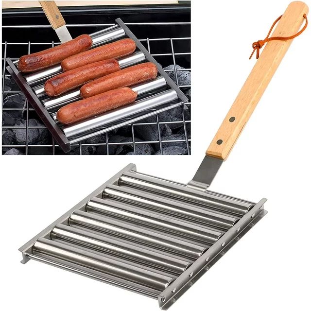 Hot Dog Roller Stainless Steel Sausage Roller Rack with Extra Long Wood Handle, BBQ Hot Dog Grill... | Walmart (US)