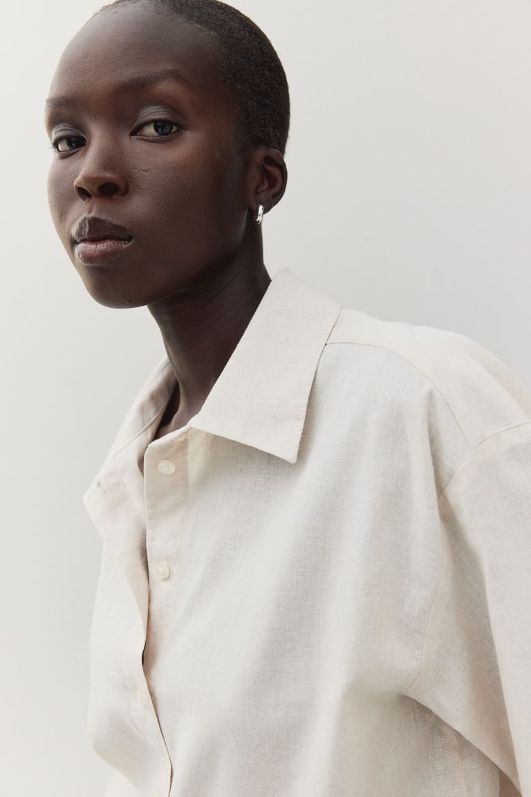 Linen-blend Shirt - Long sleeve - Regular length - Light beige - Ladies | H&M US | H&M (US + CA)