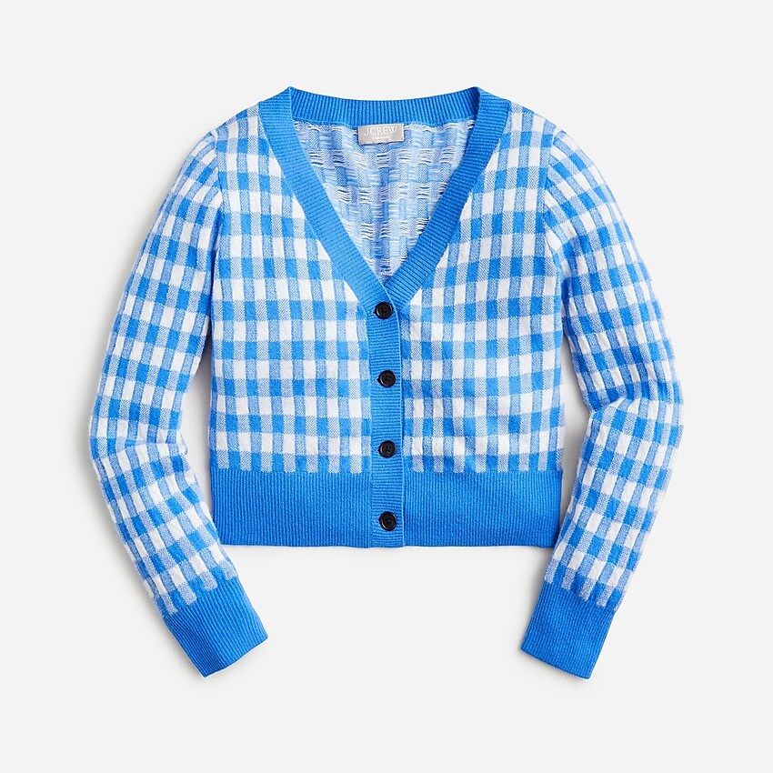 Cashmere cropped V-neck cardigan sweater in gingham | J.Crew US