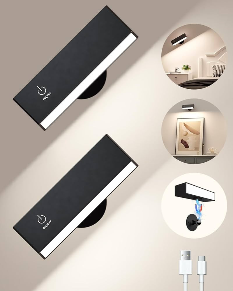 Rechargeable Wall Sconces Battery Operated Set of 2, Wall Mounted Bedside Lamps, Removable 360° ... | Amazon (US)