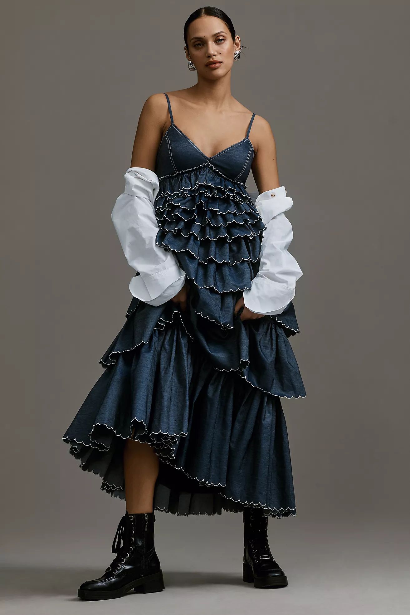 Geisha Designs V-Neck Tiered Denim Dress | Anthropologie (US)